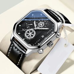 Stainless Steel Black Leather Square Dial Chronograph Quartz Wristwatch for Men