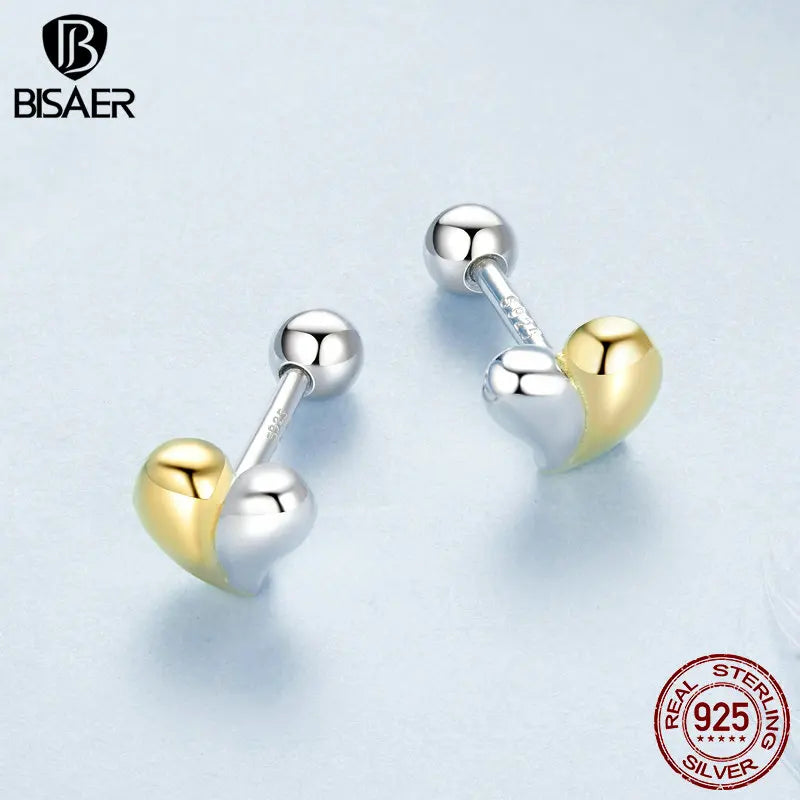 925 Sterling Silver Two-tone Mini Heart Stud Earrings for Women