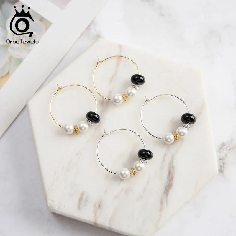 925 Silver Black Agate Shell Pearl Hoop Earrings for Women