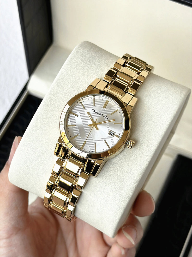 Elegant Gold Stainless Steel Ladies' Watch with Date Display & Waterproof Design