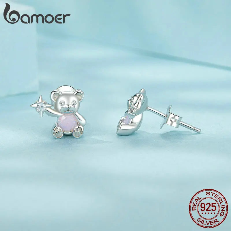 925 Sterling Silver Opal Bear Stud Earrings for Women