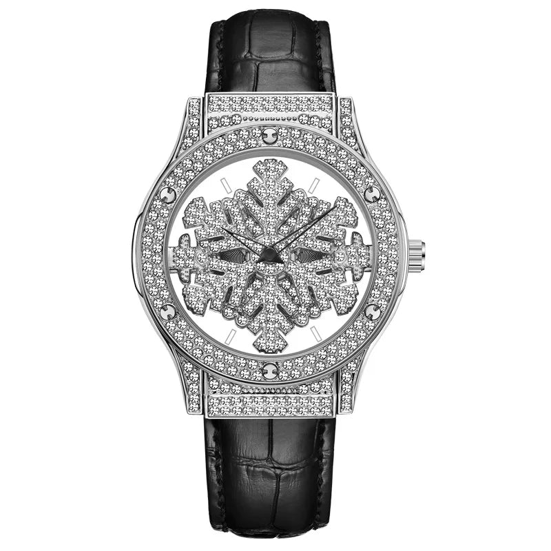 Silver Leather Snowflake Hollow Diamond Watch for Women