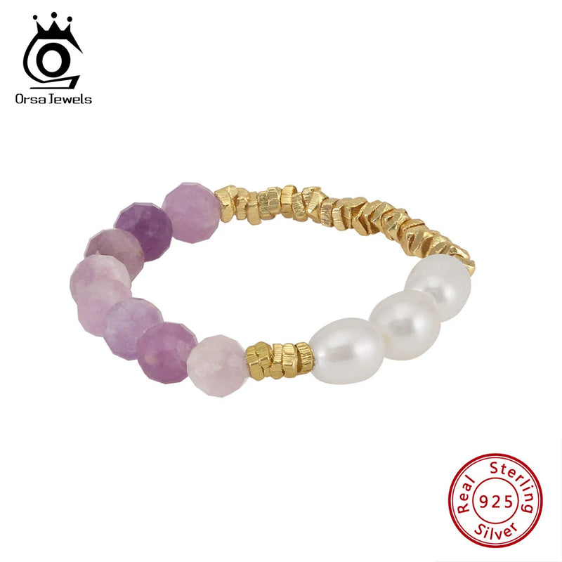 14K Gold Purple Mica and Pearl Finger Ring for Women