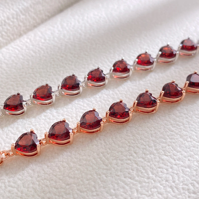 925 Sterling Silver Red Garnet & Cubic Zirconia Heart Chain Bracelet for Women