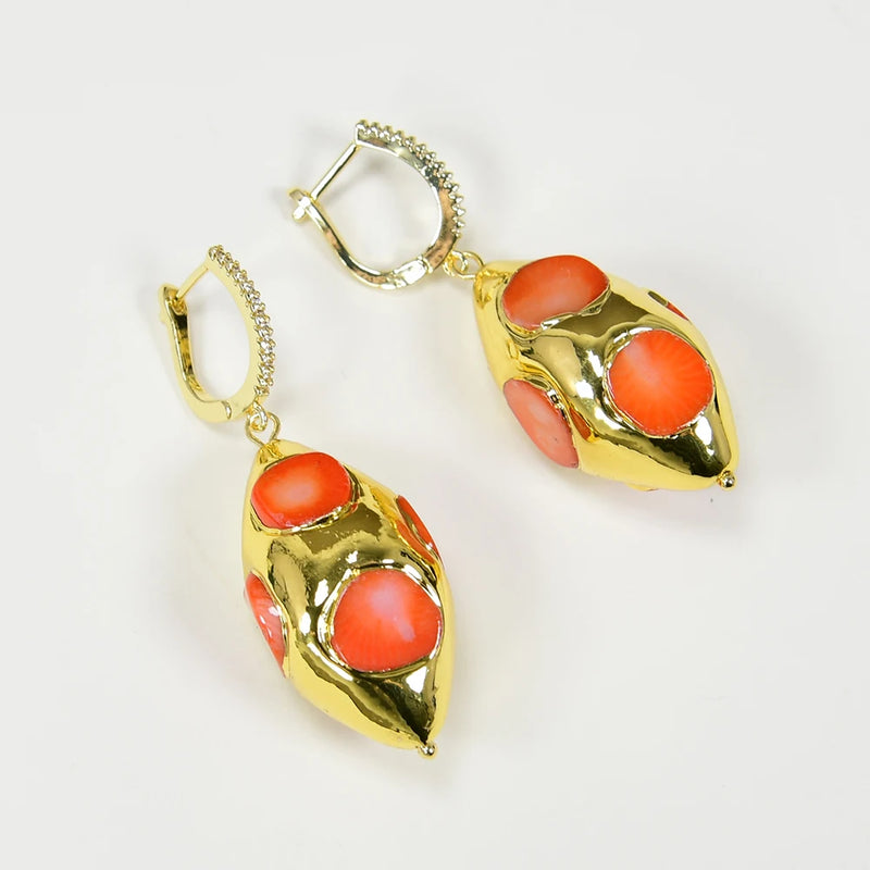 Gold Plated Orange Coral Olive Shape Dangle Earrings for Women