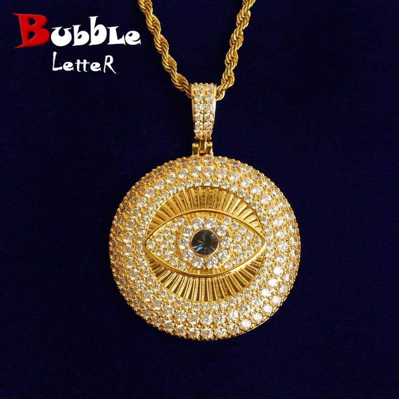 Gold Plated Bubble Letter Evil Eye Iced Out Pendant Necklace for Men