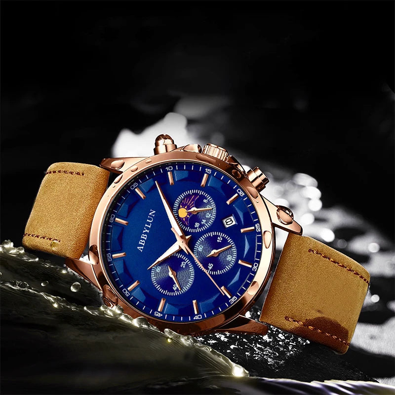 Stainless Steel Leather Luxury Waterproof Date Multifunction Watch for Men