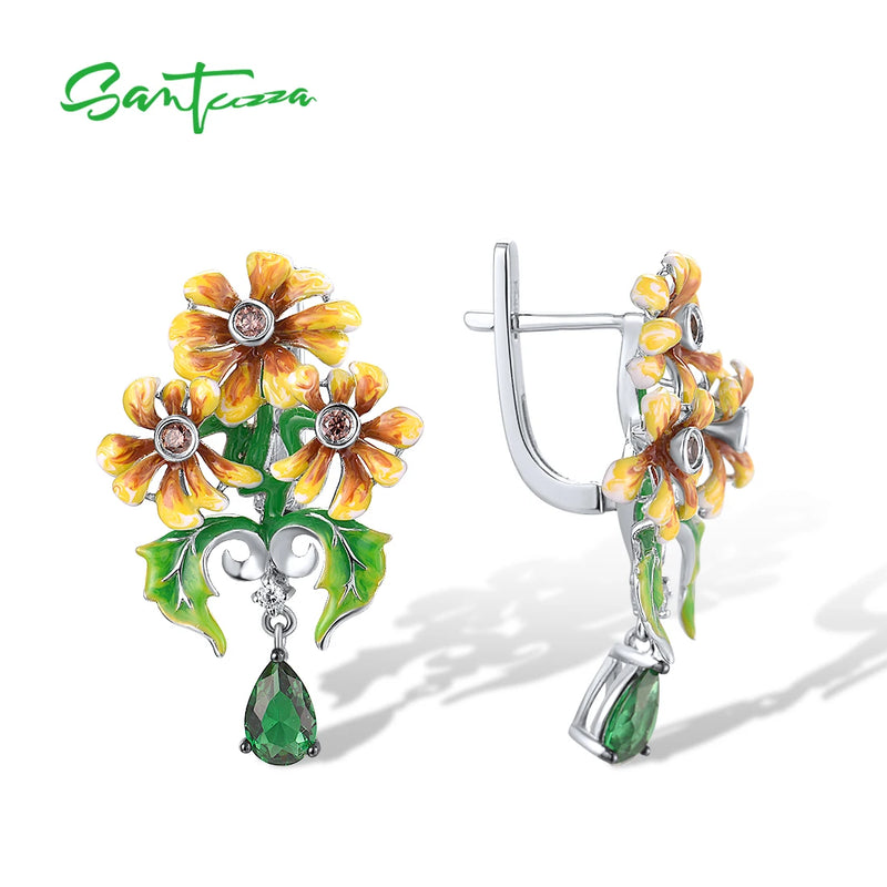 925 Sterling Silver Green Enamel Flower Drop Earrings for Women