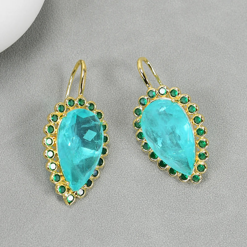 Gold Plated Green Quartz & Zircon Crystal Dangle Earrings For Lady