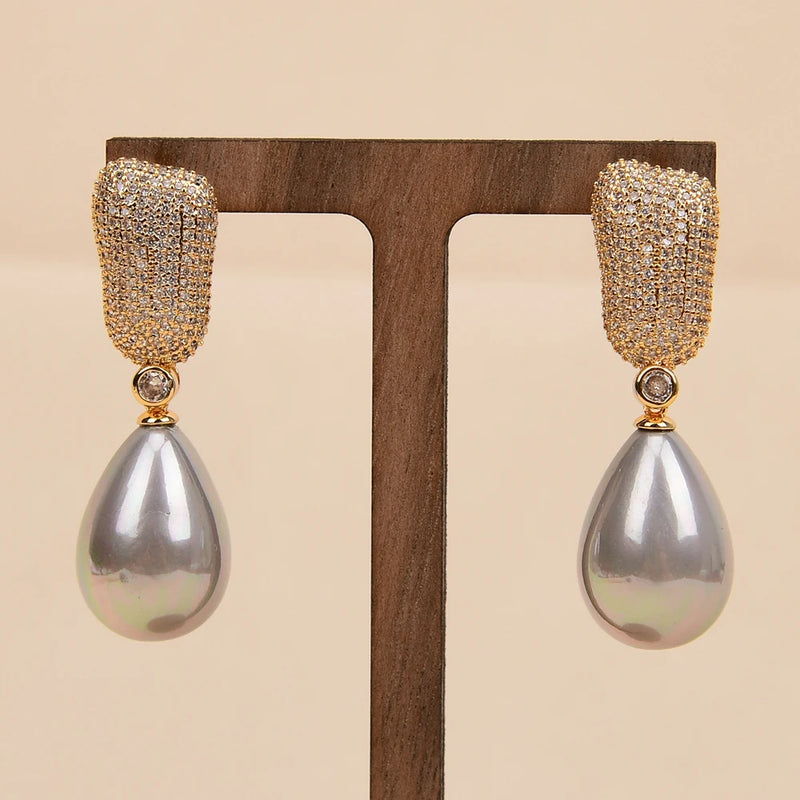 Gold Plated Natural Gray Sea Shell Pearl Teardrop CZ Earrings for Women