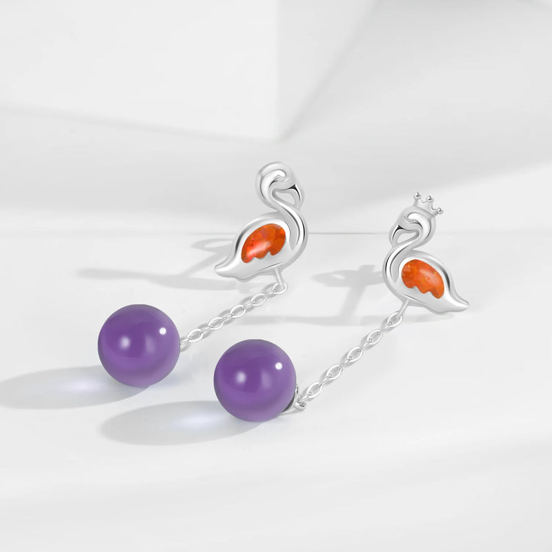 925 Sterling Silver Amethyst Dangling Swan Earrings for Women