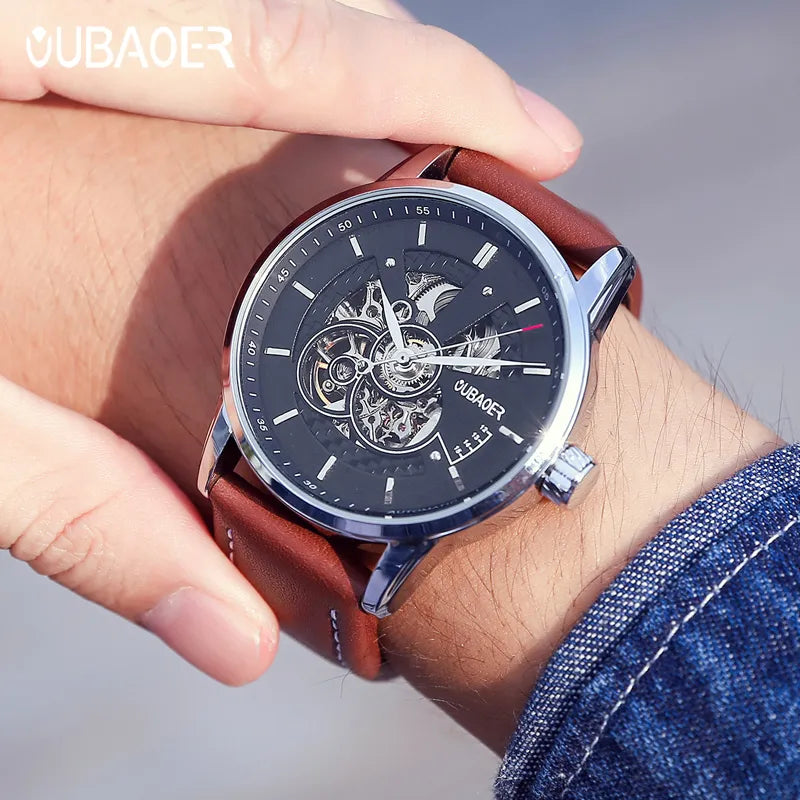 Stainless Steel Leather Automatic Mechanical Watch for Men