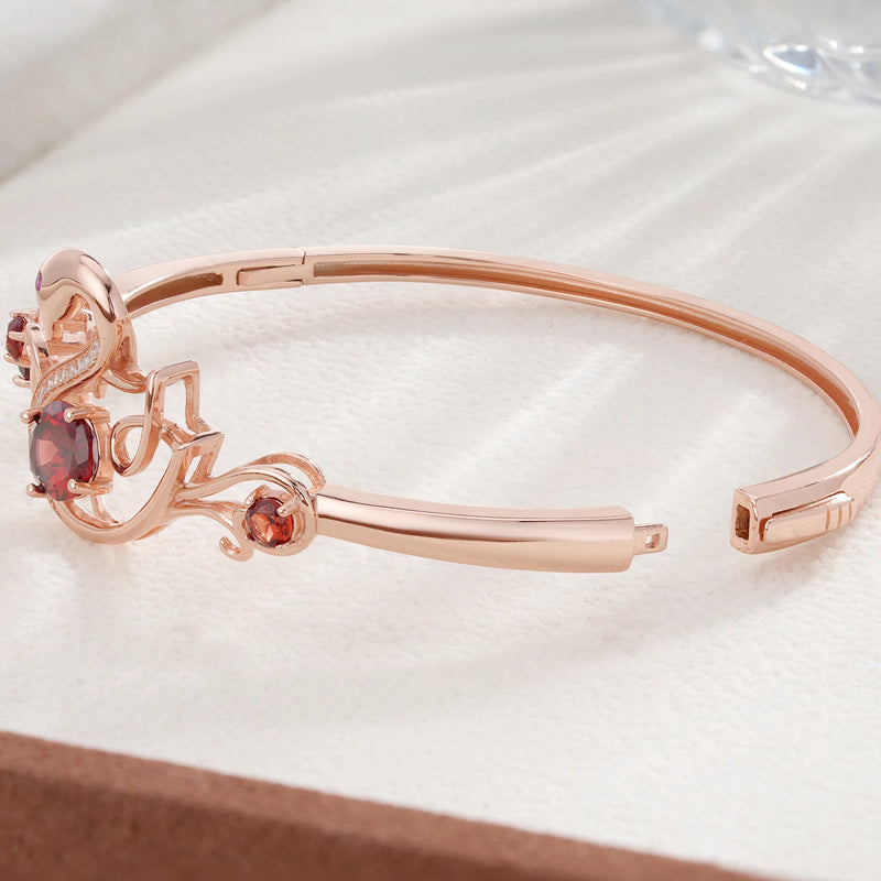 18K Rose Gold Plated Hollow Out Swan Animal Bangles with Red Garnet Gemstone for Women