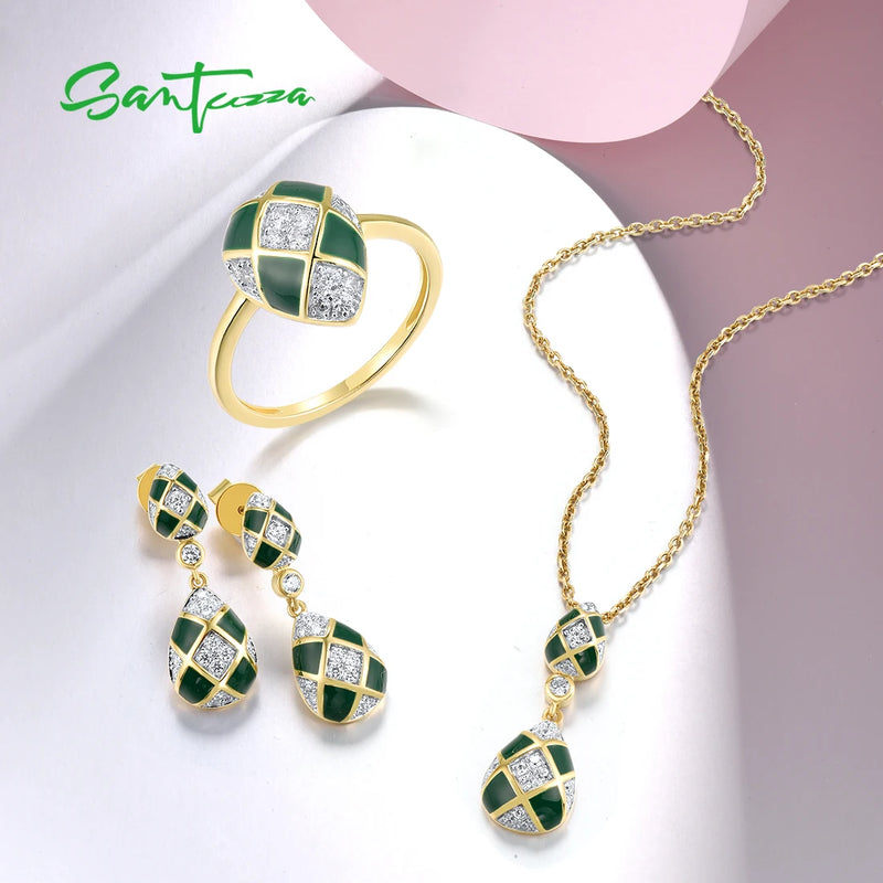 925 Sterling Silver White CZ Green Pear Enamel Jewelry Set for Women