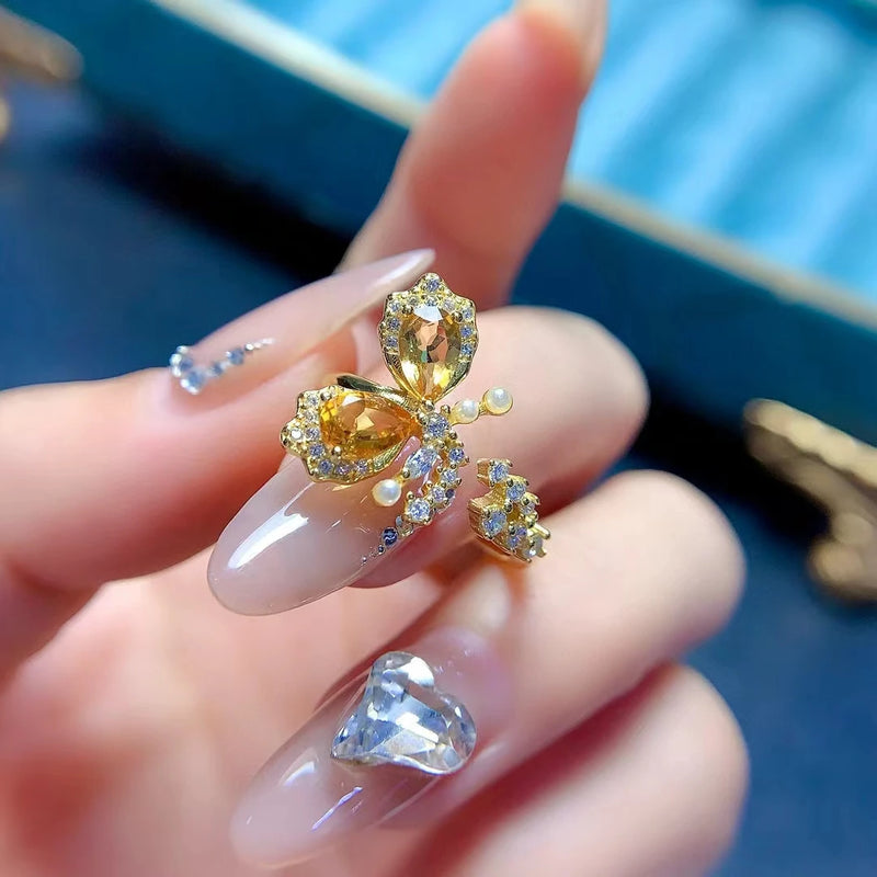 925 Sterling Silver Citrine Gemstone Butterfly Ring for Women