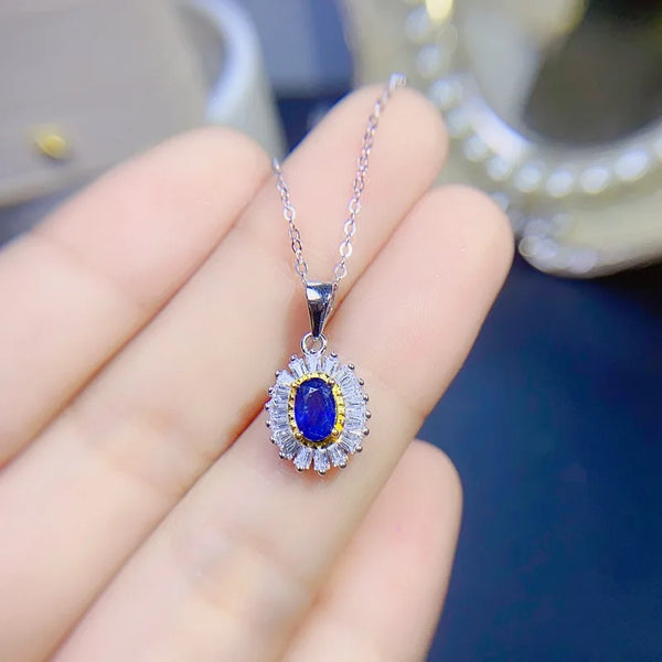 Sterling Silver Natural Sapphire 4mm x 6mm Sunflower Jewelry Set for Women