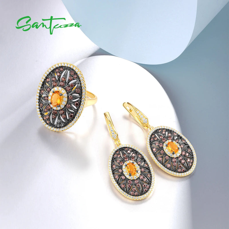 925 Sterling Silver Earrings and Ring Set with Chocolate CZ and Fine Floral Details