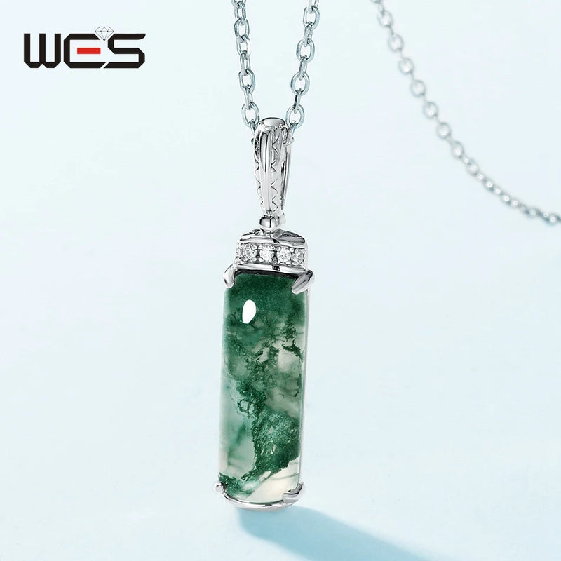 925 Sterling Silver Moss Agate Pendant Necklace for Woman