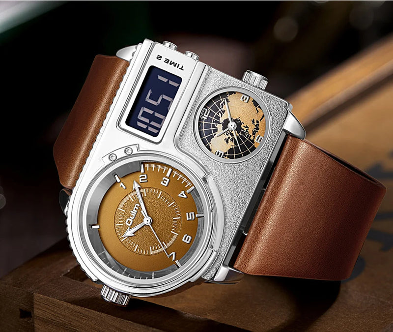 Luxury Dual Display Two Time Zone Quartz Watch for Men's Big Wrist with Genuine Leather Band