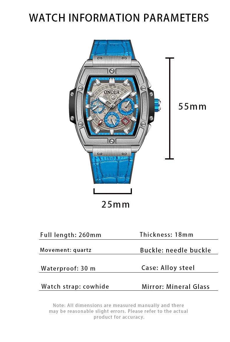 Stainless Steel Luxury Bucket Watch with Leather Band for Men