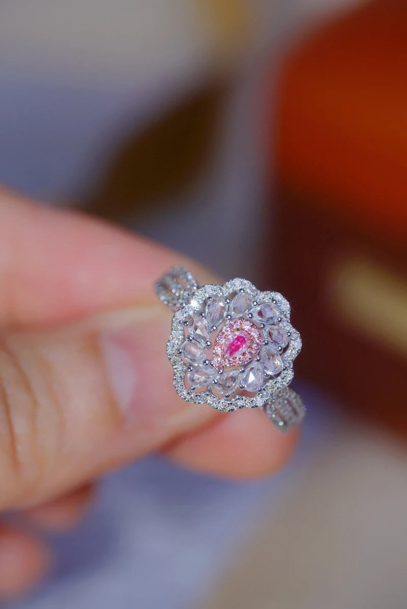 18K White Gold Natural Pink Diamond Flower Engagement Ring for Women