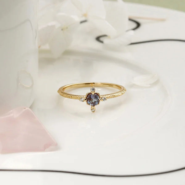 925 Sterling Silver Light Gold Vermeil Synthetic Blue Purple Alexandrite Ring for Women