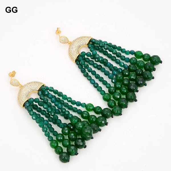 Gold Plated Round Green Jade Agate Earrings with CZ Accent For Women