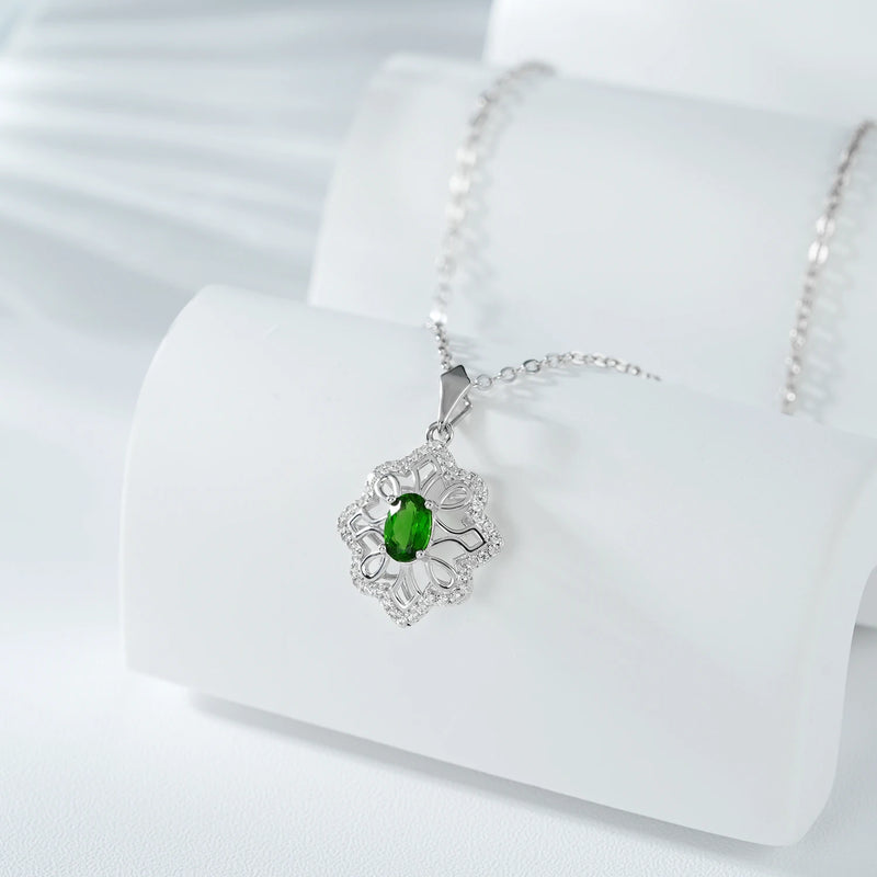 925 Sterling Silver Diopside Flower Pendant Necklace for Women.