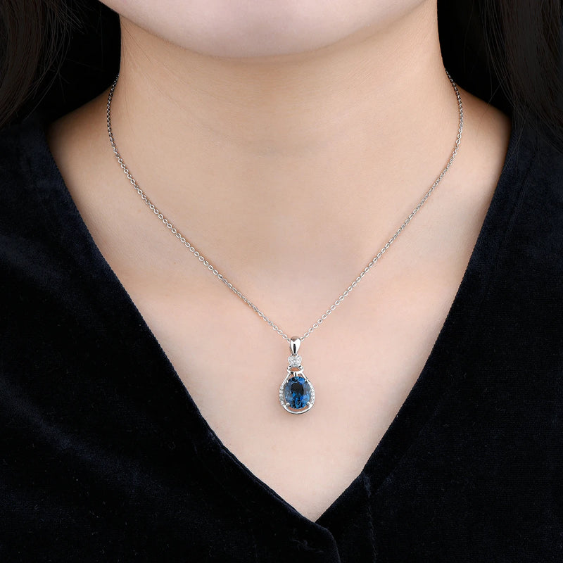 14K White Gold London Blue Topaz Pendant Necklace for Women