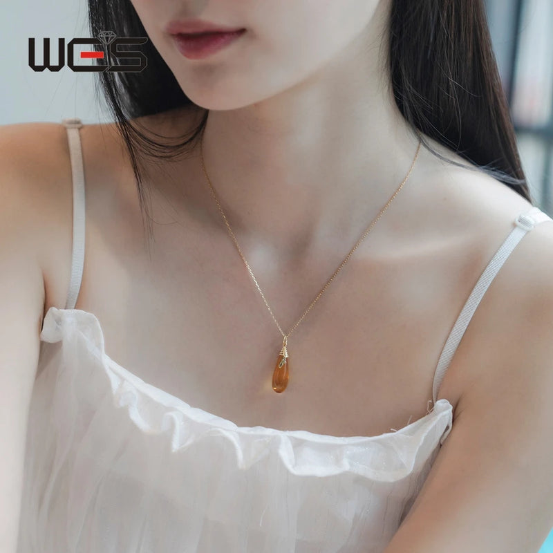 Gold Plated Synthetic Citrine Teardrop Pendant Necklace for Woman