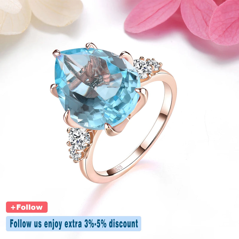 Sterling Silver Rose Gold Plated Natural Sky Blue Topaz Drop Ring