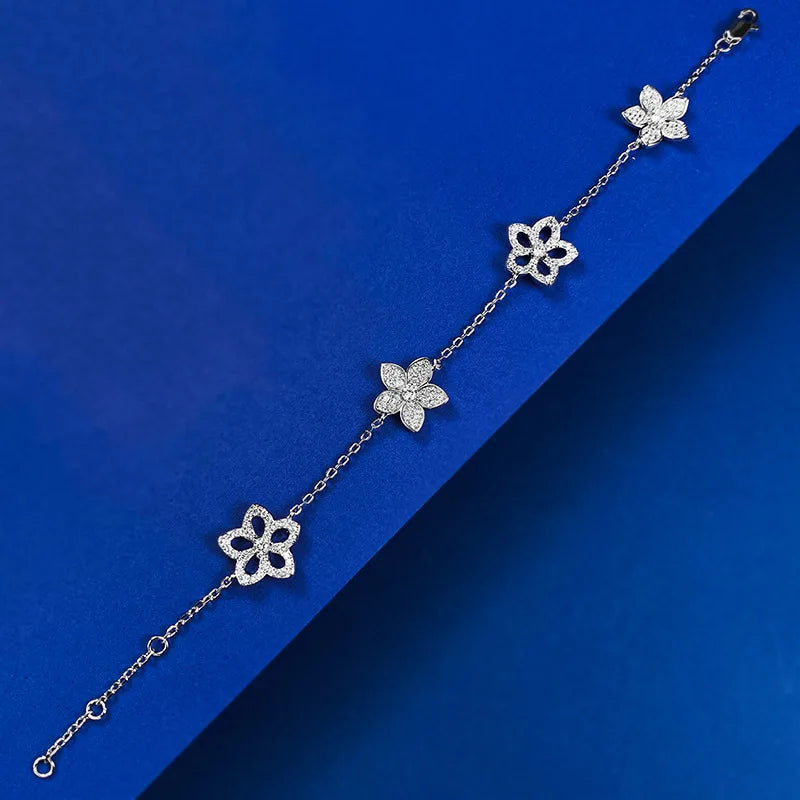 925 Sterling Silver Hollow Five Petal Flower Bracelet for Female