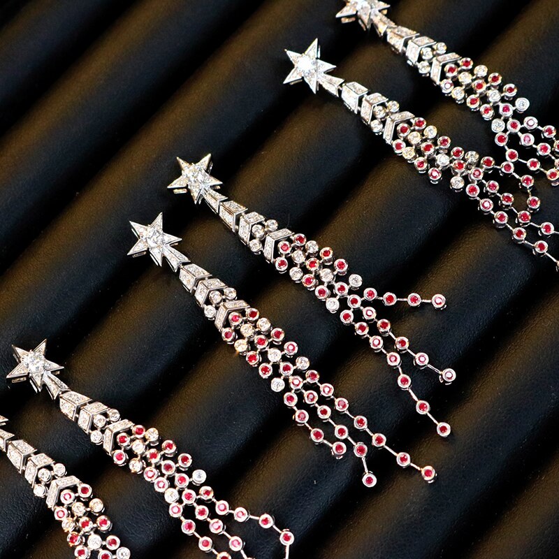 18K White Gold Ruby and Diamond Tassel Earrings for Women
