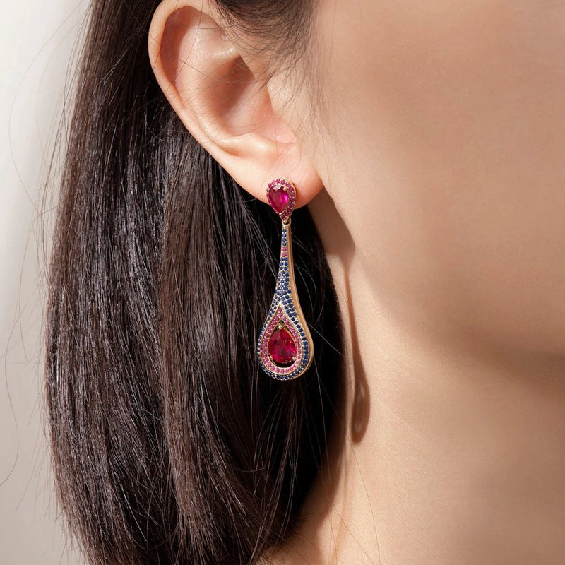 Silver 18k Gold Plated Pear Cut Ruby and Diamond Water Drop Earrings for Women