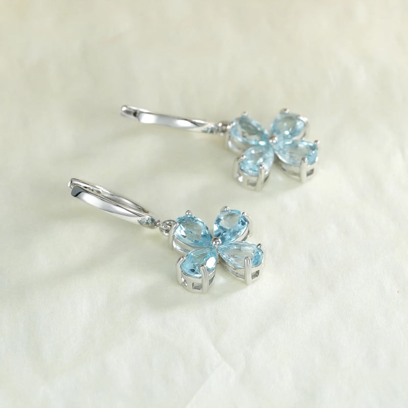 925 Sterling Silver Blue Topaz Dangle Earrings with Flower Design for Women