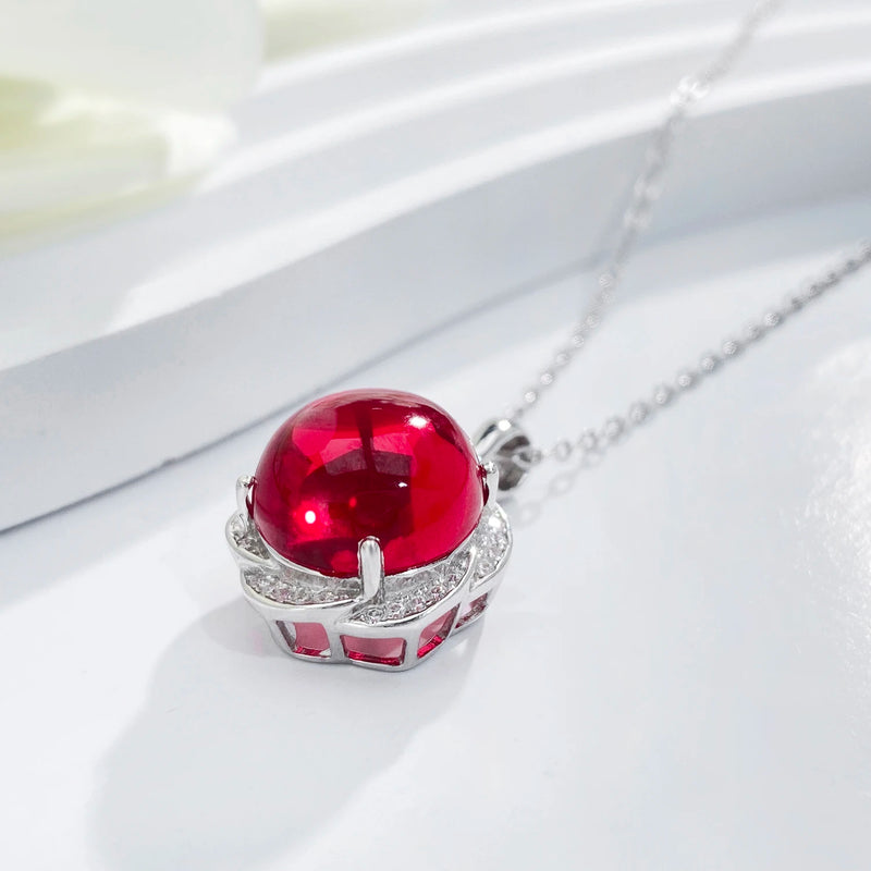 925 Sterling Silver Red Corundum Flower Pendant Necklace for Women