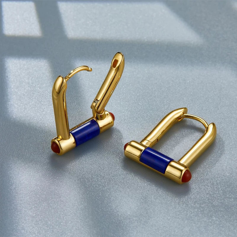 925 Sterling Silver Gold Plated Lapis Lazuli and Agate Hoop Earrings for Women