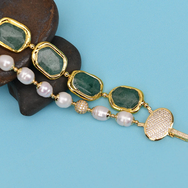 Sterling Silver Green Strawberry Quartz Bracelet 2 Rows with Gold Pear Edge Accents. for Women