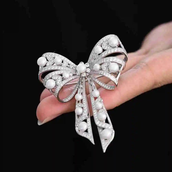 925 Sterling Silver Freshwater Pearl White Sapphire Diamond Bow Brooch for Women