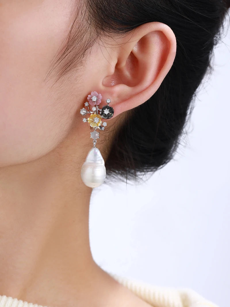 925 Sterling Silver White Chalcedony & Zircon Flower Drop Earrings For Women