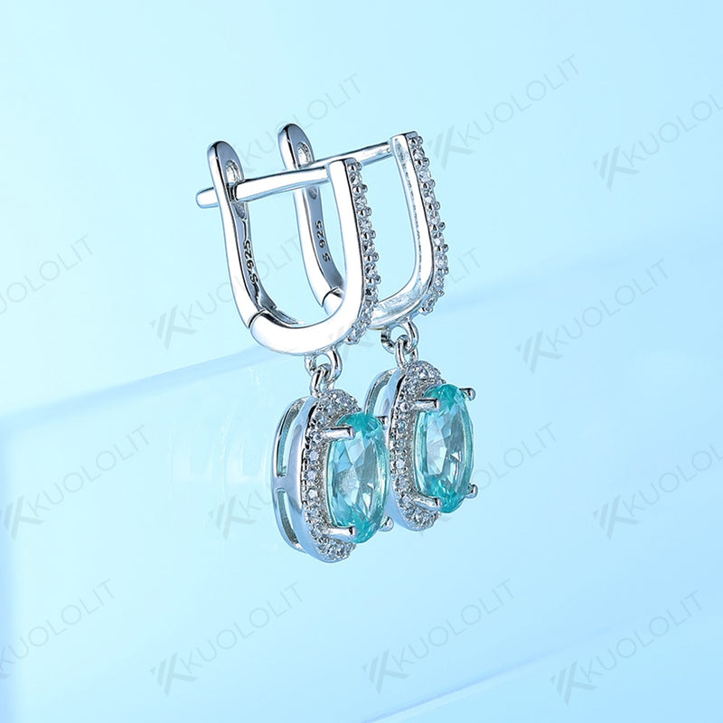 925 Sterling Silver Bluish Green Emerald Oval Gemstone Clip Earrings for Women