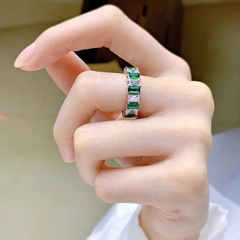 Sterling Silver Wedding & Engagement Ring with Emerald & Moissanite for Women