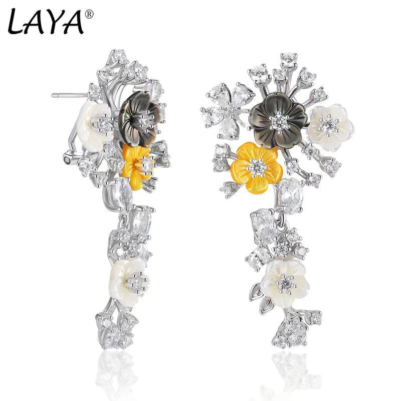 Laya Silver Earrings For Women Pure 925 Sterling Silver Delicate White Black Yellow Flowers Dangling серьги Fine Jewelry Handmad