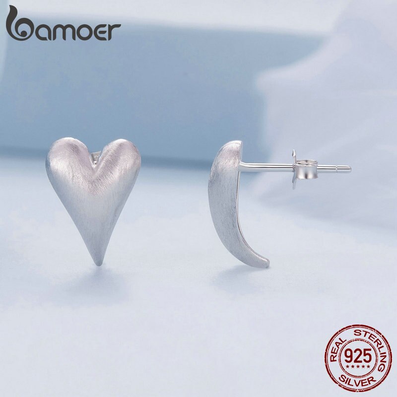 925 Sterling Silver Heart Stud Earrings, Platinum Plated for Women