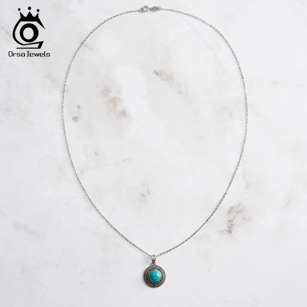 Silver Oxidized Turquoise Pendant Necklace with Zirconia for Women and Men