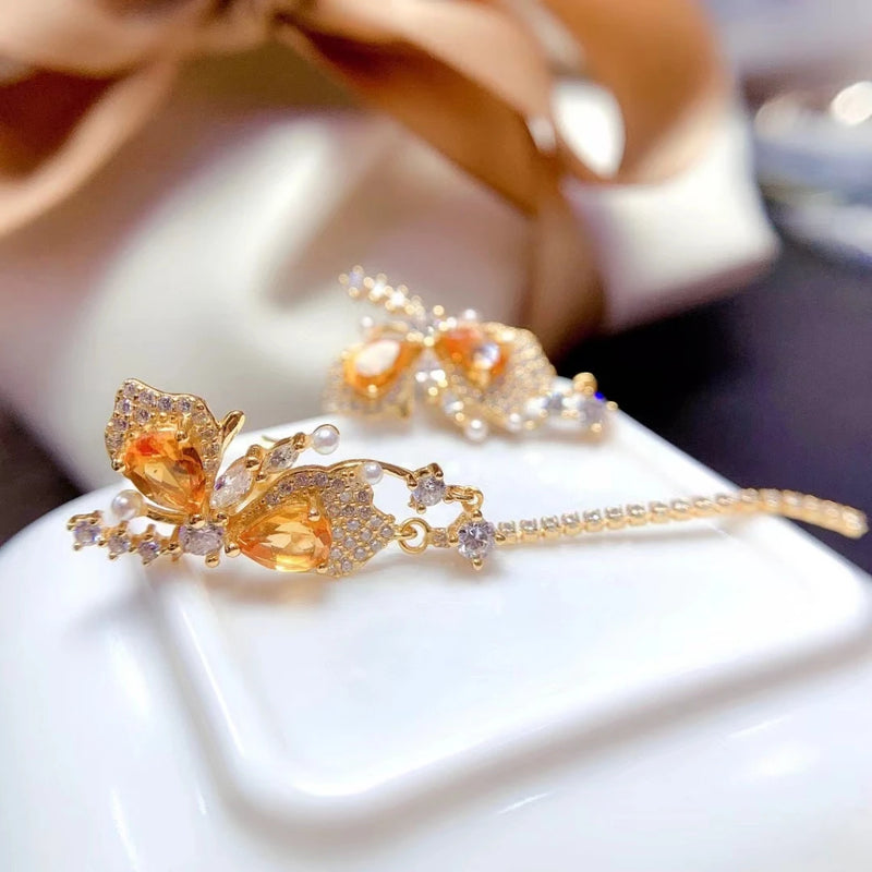 925 Silver Natural Brazil Citrine Butterfly Earrings for Women