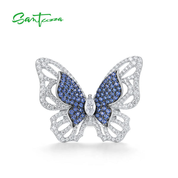 925 Sterling Silver Ring with Sparkling Blue and White Cubic Zirconia Butterfly for Women