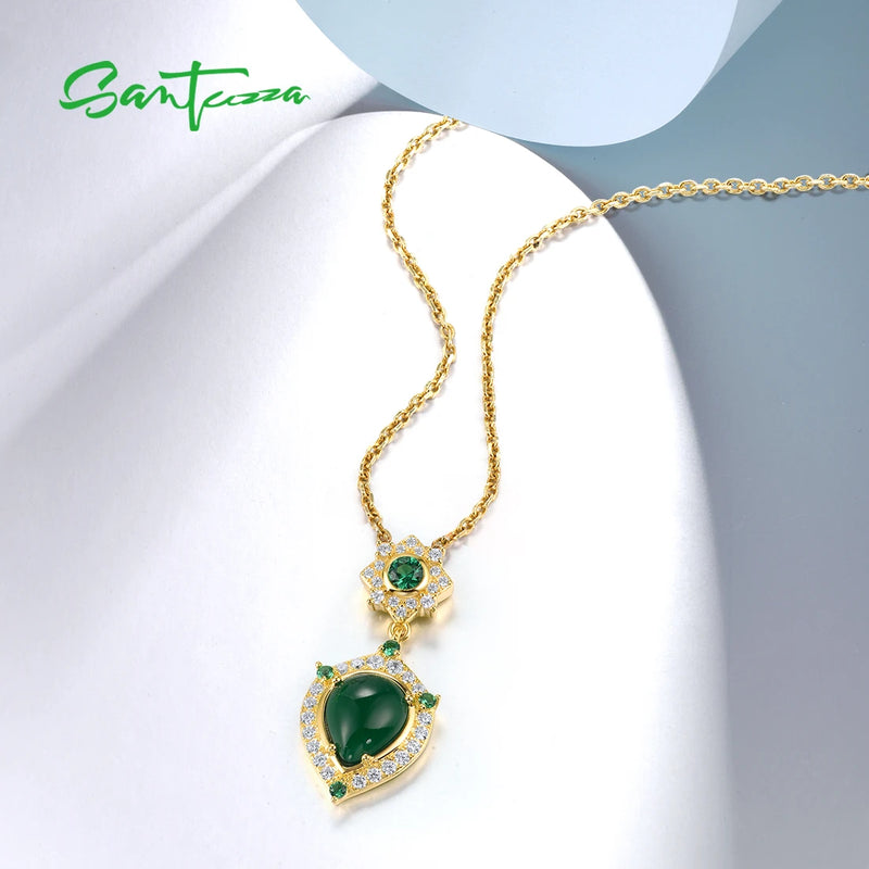 Sterling Silver Green Agate Pendant with White CZ for Women