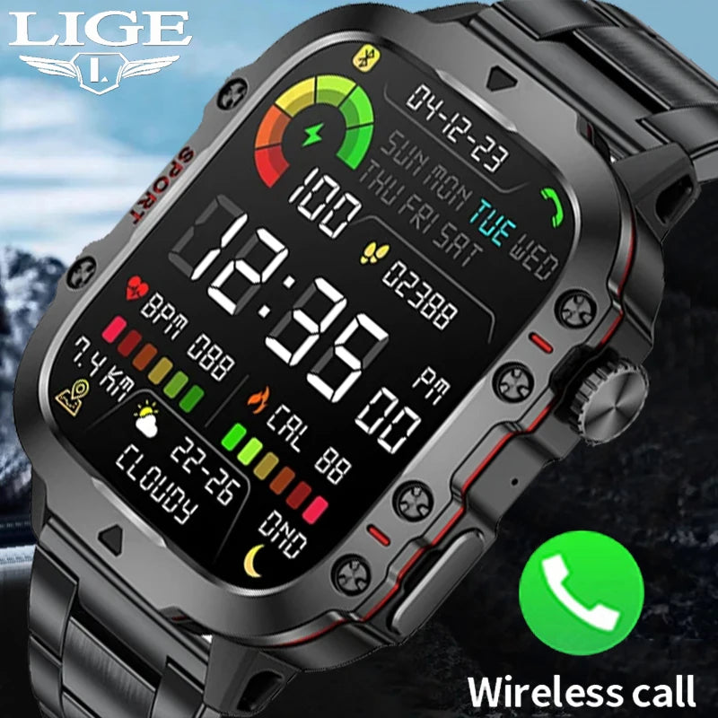 Rugged Military-Style Fitness Smart Watch for Android & IOS, Featuring 3ATM Waterproofing, Sport Functionality, and AI Voice Calling - Ideal for Outdoor Adventures