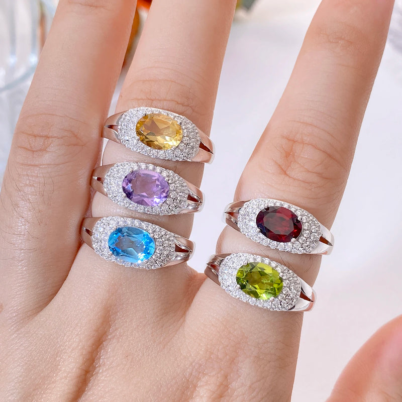 925 Sterling Silver Natural Amethyst, Topaz, Garnet, Citrine & Peridot Cubic Zircon Ring for Women